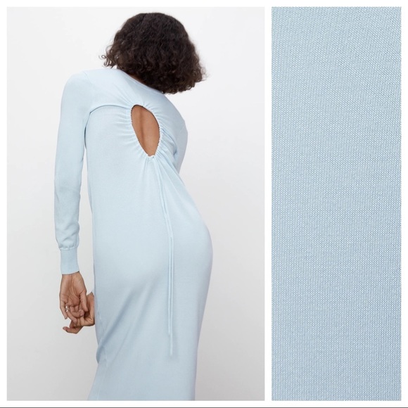 NWT. Zara Light Blue Knit Midi Dress with Back Opening. Size M. - Picture 5 of 10